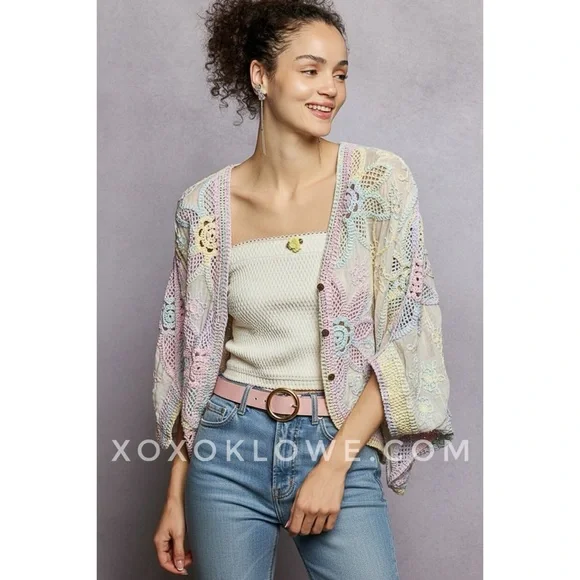 POL Pastel Floral Crochet Embroidered Cardigan | Open Knit Button Front Rainbow - Picture 12 of 12